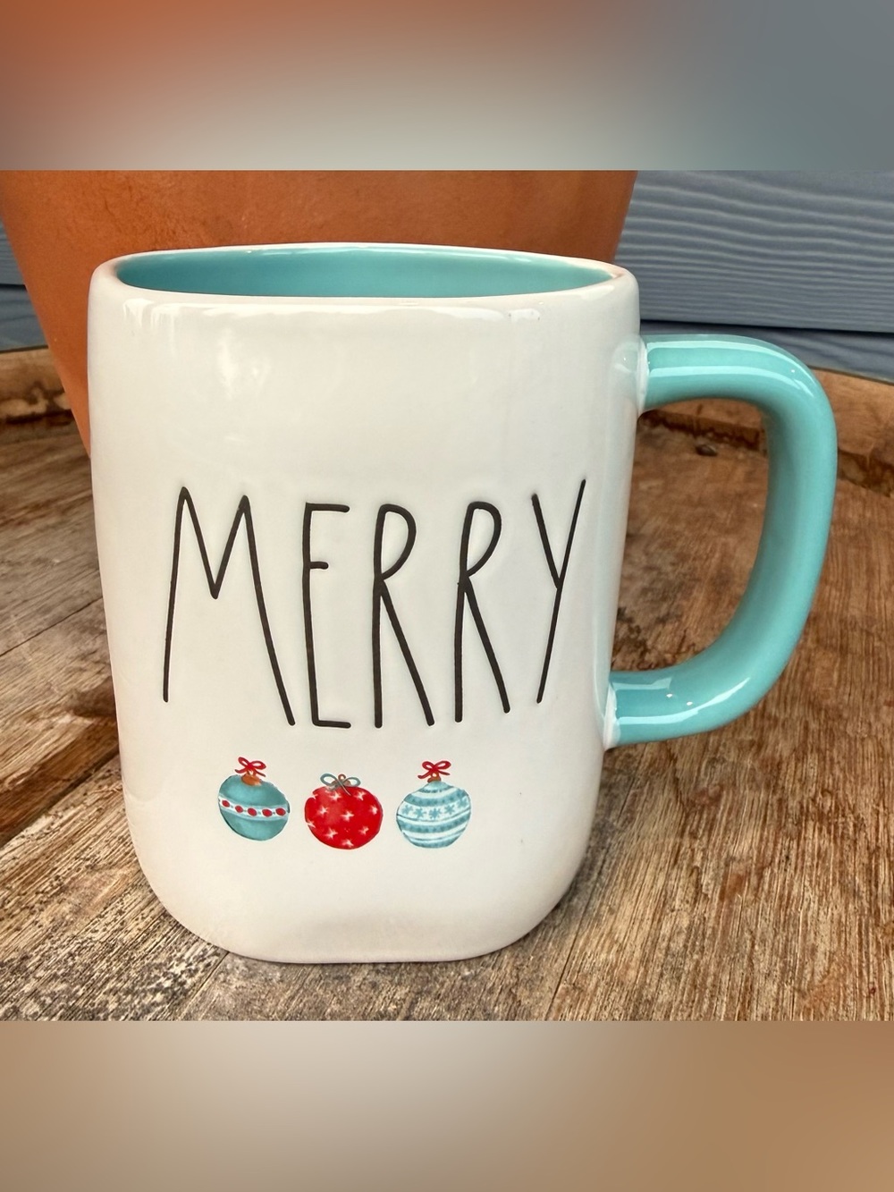 Rae Dunn MERRY Mug - White with Aqua Interior & Handle and Red Accent